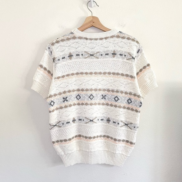 Vintage Tidewater Short Sleeve Fair Isle Cotton Knit Sweater Top Ivory Medium - Picture 12 of 12
